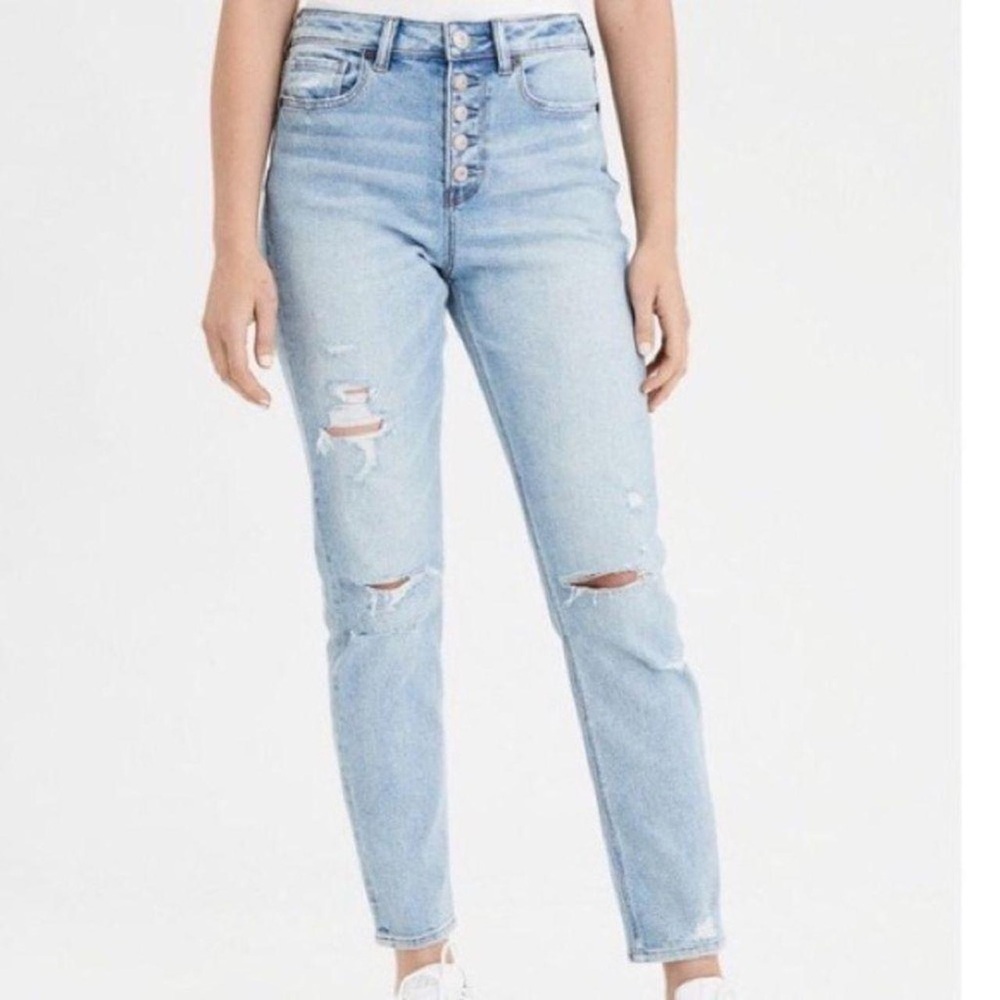 American Eagle High-Rise Mom Jeans Stretch, Distressed, Size: 2R